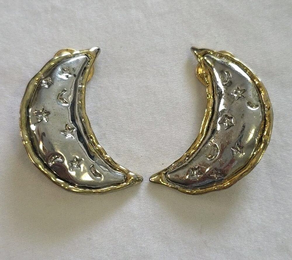 Vintage Unsigned JJ Jonette Jewelry Moon & Stars Clip On Earrings Mixed Metals